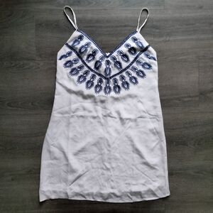 AS by DF NWT Treasure Silk Mini Dress White w/ Blue Embroidery & Beads Size XS